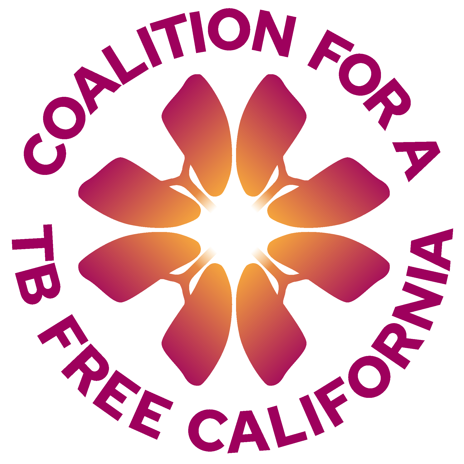 Coalition for a TB Free California logo, 4 pairs of lungs like the rays of the sun surrounded by name of coalition